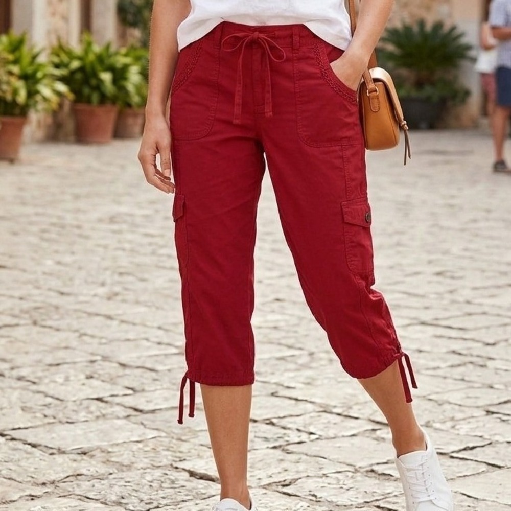 St John's Bay Red Cargo Capri Pants Drawstring Waist Size 14 Cropped